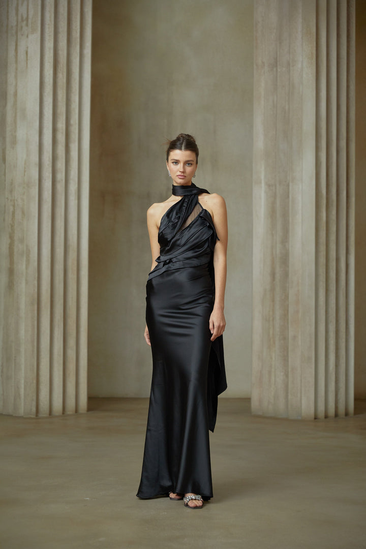 Maureen black ribbon-design satin maxi dress - Celestia Couture
