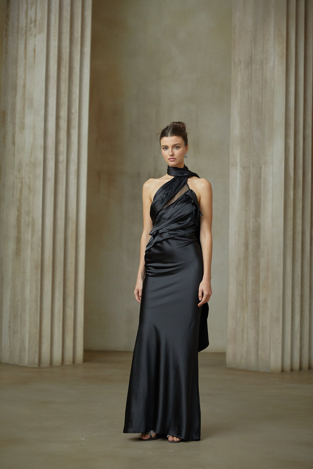 Maureen black ribbon-design satin maxi dress - Celestia Couture