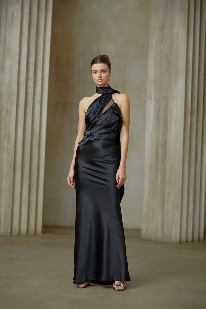 Maureen black ribbon-design satin maxi dress - Celestia Couture
