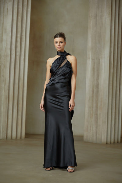 Maureen black ribbon-design satin maxi dress