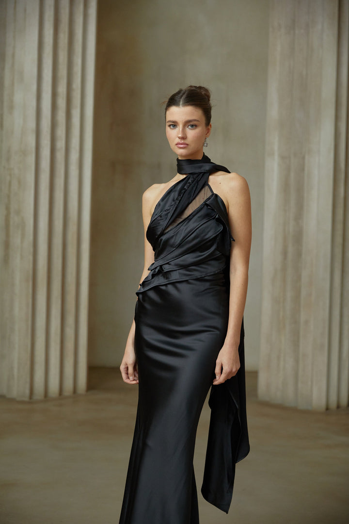 Maureen black ribbon-design satin maxi dress - Celestia Couture