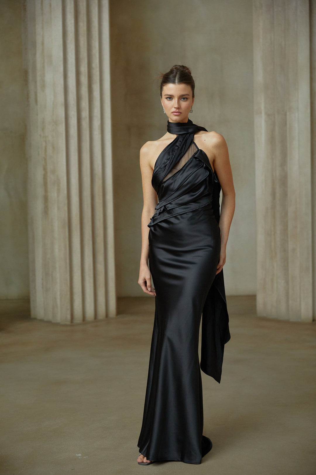 Maureen black ribbon-design satin maxi dress - Celestia Couture