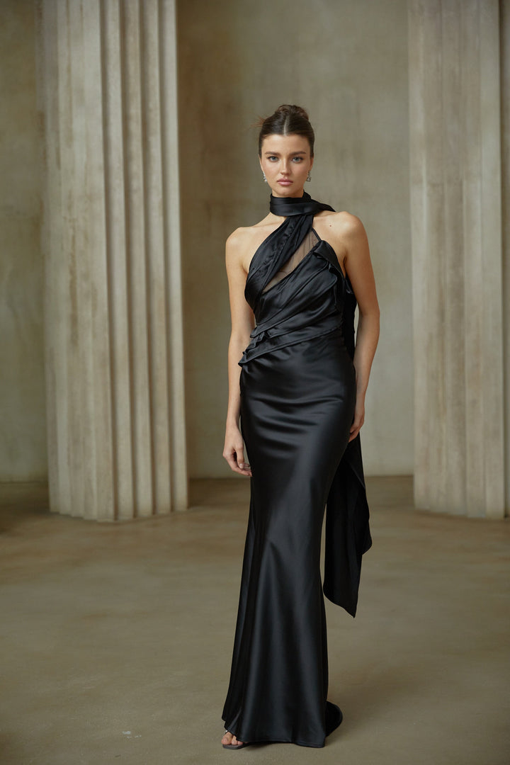 Maureen black ribbon-design satin maxi dress - Celestia Couture