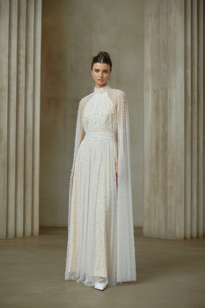 Louane white cape-design embellished tulle maxi dress - Celestia Couture