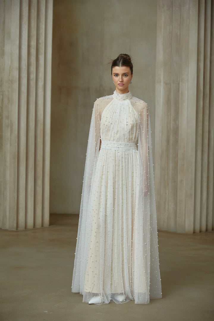 Louane white cape-design embellished tulle maxi dress - Celestia Couture