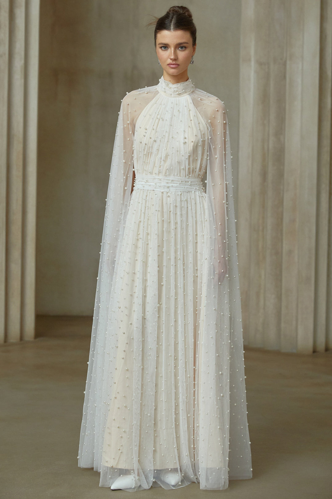 Louane white cape-design embellished tulle maxi dress - Celestia Couture