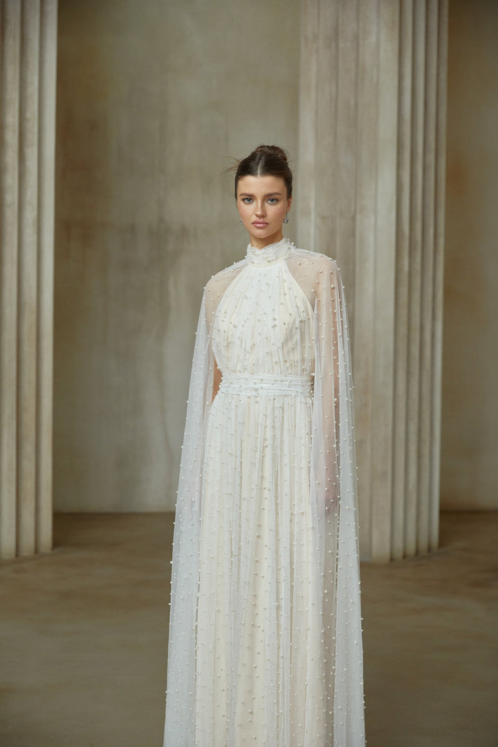 Louane white cape-design embellished tulle maxi dress - Celestia Couture