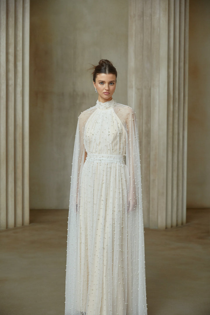 Louane white cape-design embellished tulle maxi dress - Celestia Couture