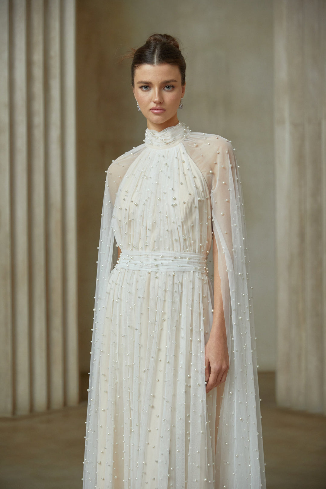 Louane white cape-design embellished tulle maxi dress - Celestia Couture