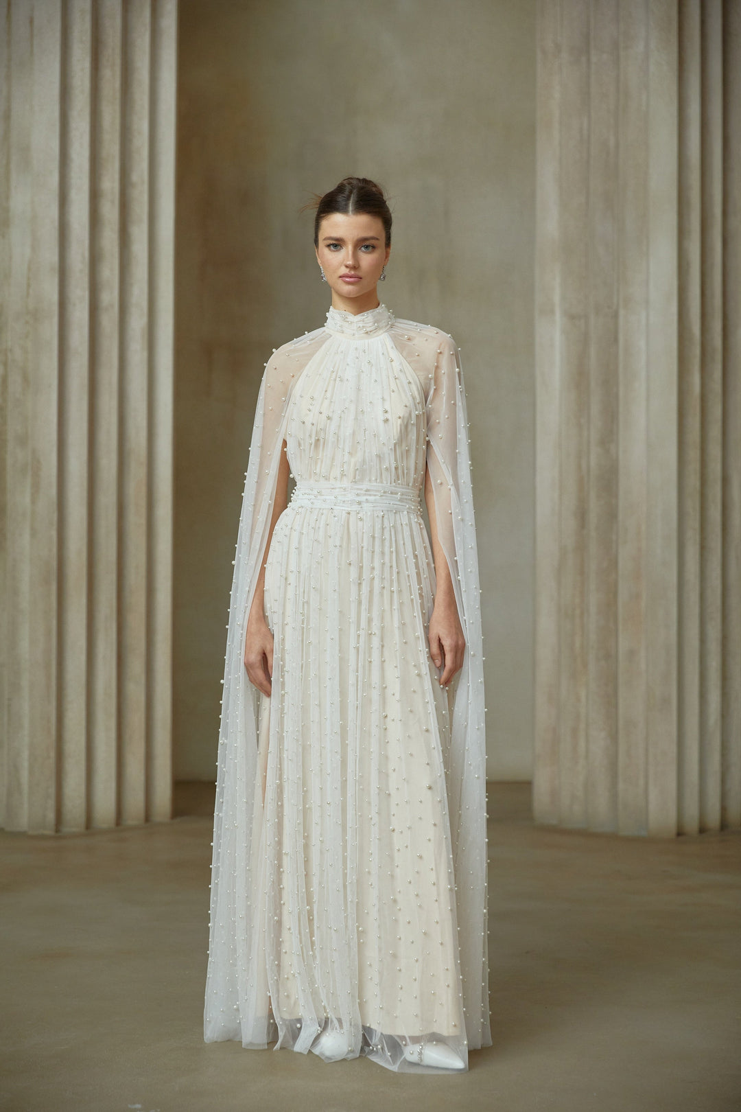 Louane white cape-design embellished tulle maxi dress - Celestia Couture