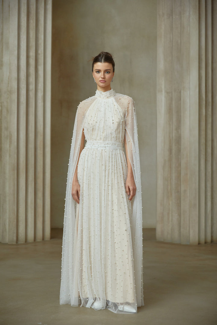 Louane white cape-design embellished tulle maxi dress - Celestia Couture