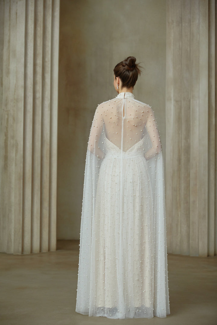 Louane white cape-design embellished tulle maxi dress - Celestia Couture