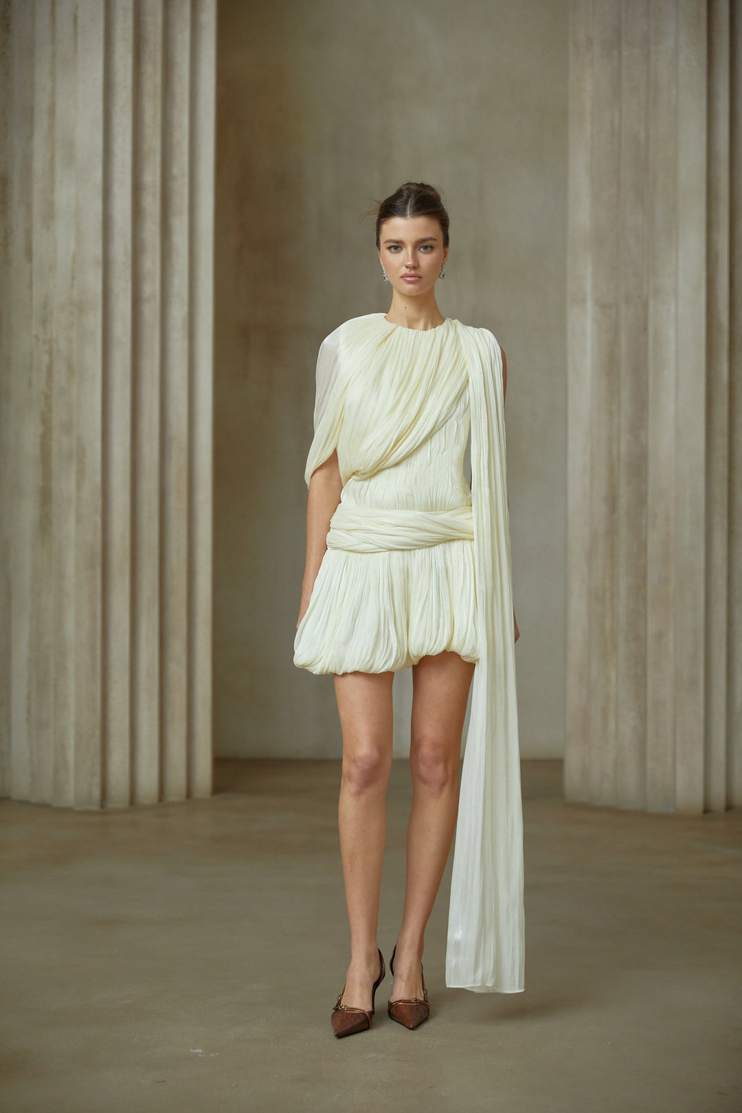Cyrielle Pleated Mini Dress with Ribbon Design Accent - Celestia Couture