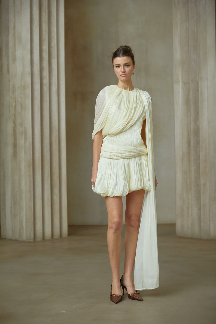 Cyrielle Pleated Mini Dress with Ribbon Design Accent - Celestia Couture