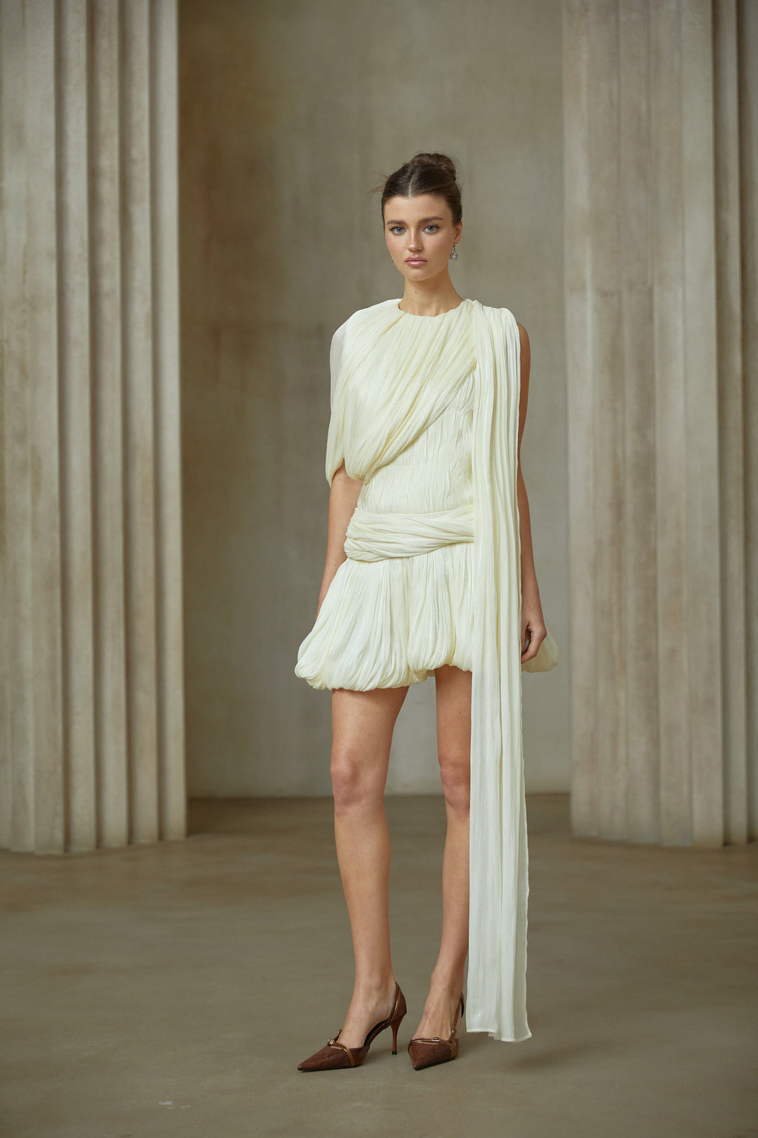 Cyrielle Pleated Mini Dress with Ribbon Design Accent - Celestia Couture