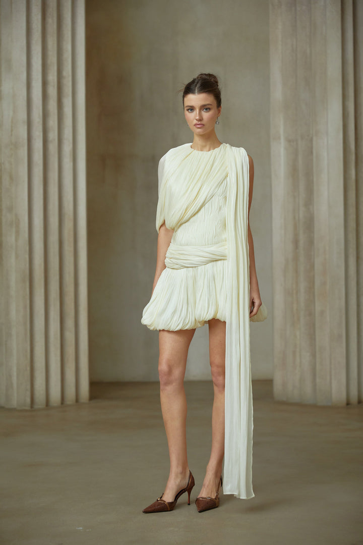 Cyrielle Pleated Mini Dress with Ribbon Design Accent - Celestia Couture
