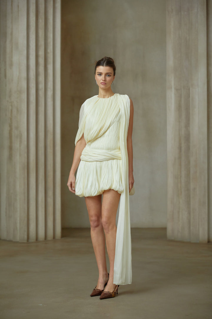 Cyrielle Pleated Mini Dress with Ribbon Design Accent - Celestia Couture