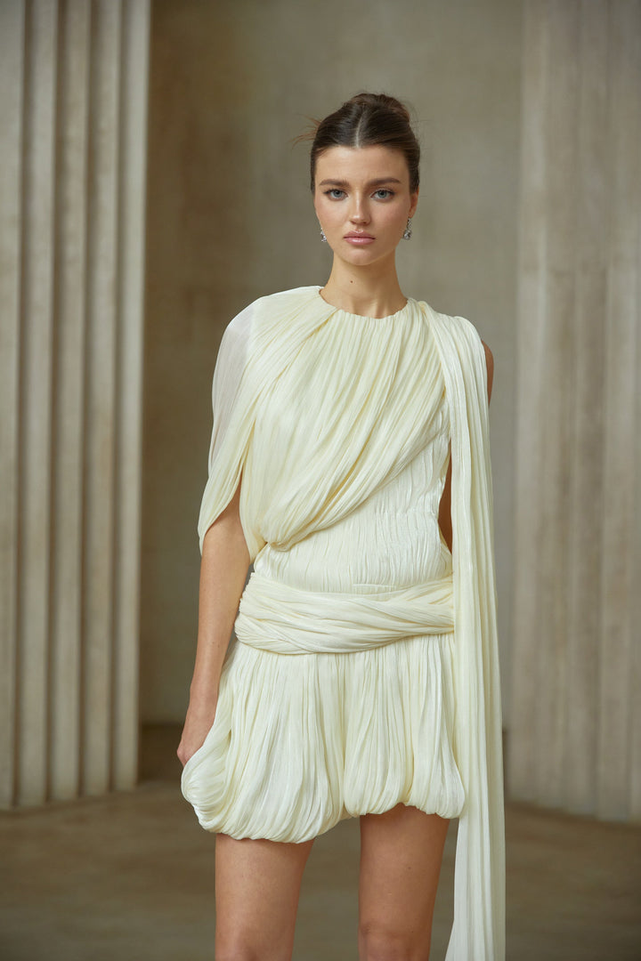 Cyrielle Pleated Mini Dress with Ribbon Design Accent - Celestia Couture