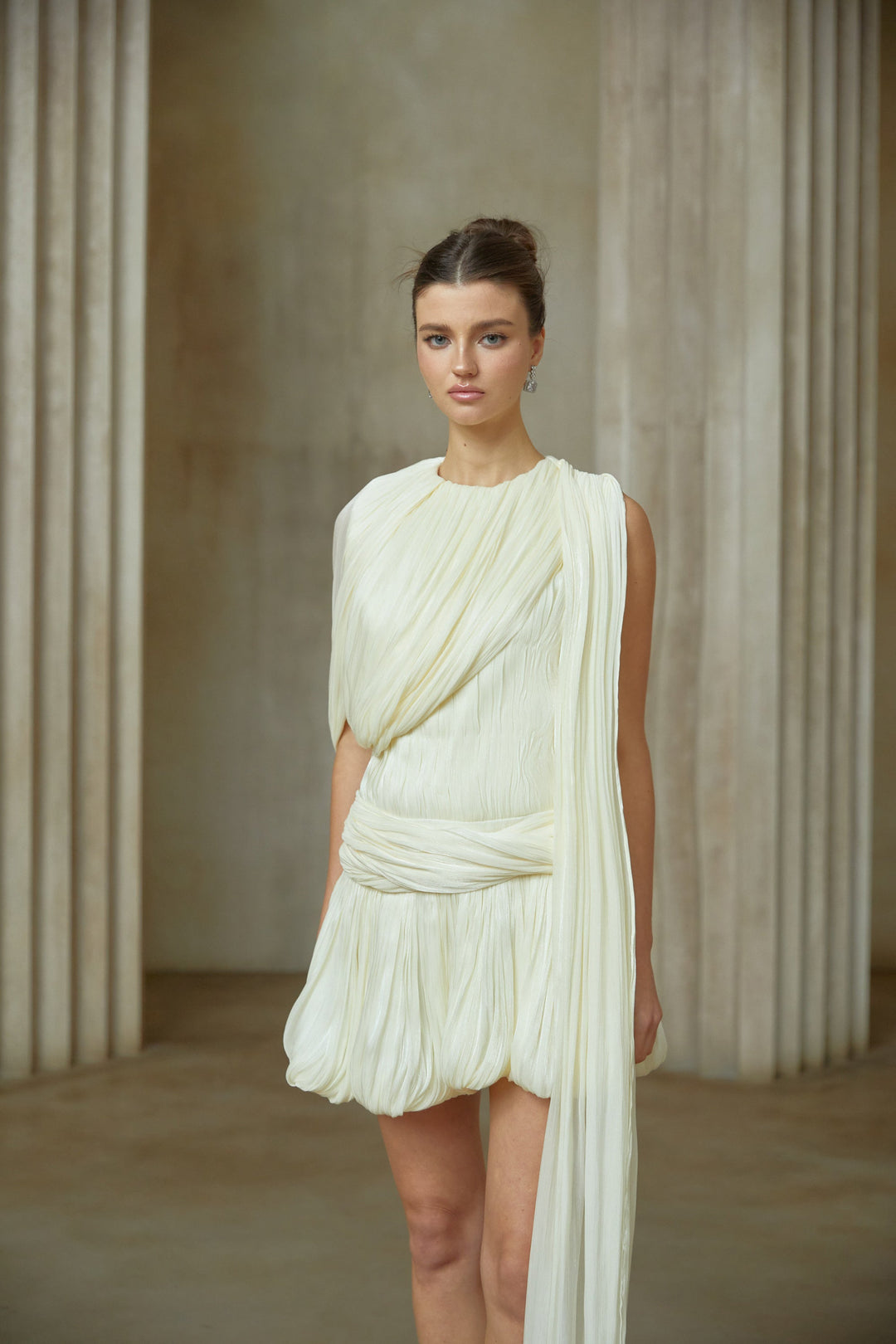 Cyrielle Pleated Mini Dress with Ribbon Design Accent - Celestia Couture