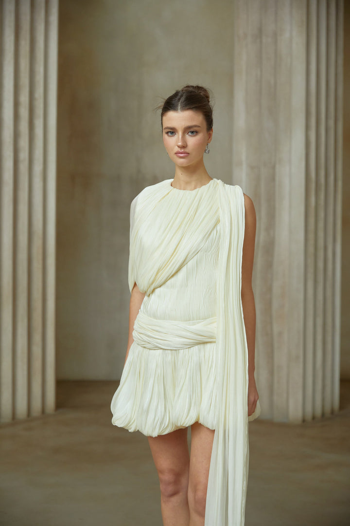 Cyrielle Pleated Mini Dress with Ribbon Design Accent - Celestia Couture