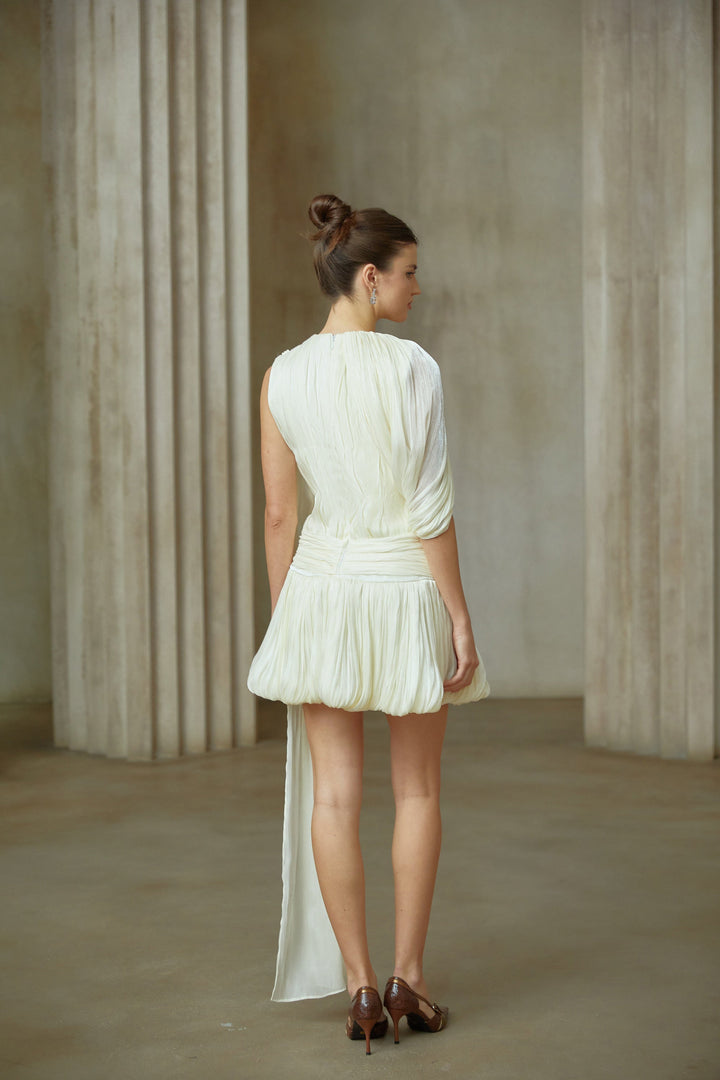Cyrielle Pleated Mini Dress with Ribbon Design Accent - Celestia Couture