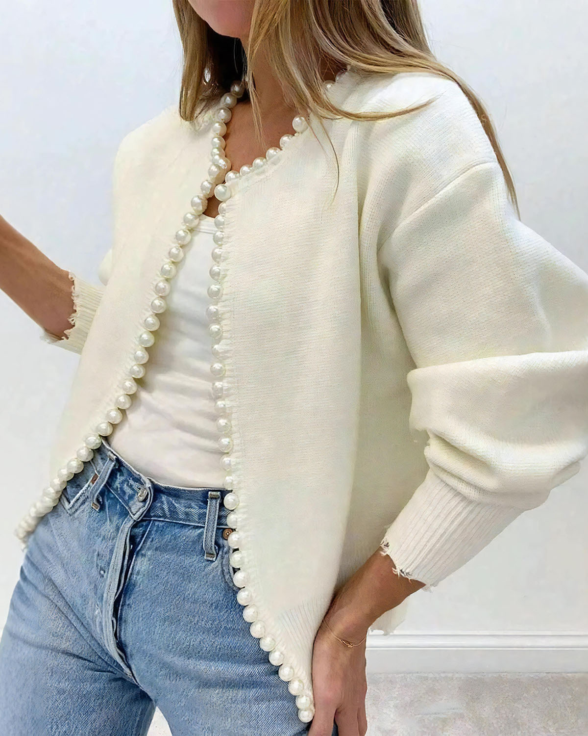 Beige Single Button Loose Knit Cardigan