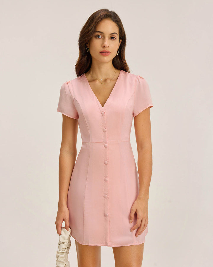 Pink V Neck Button Mini Dress - Celestia Couture