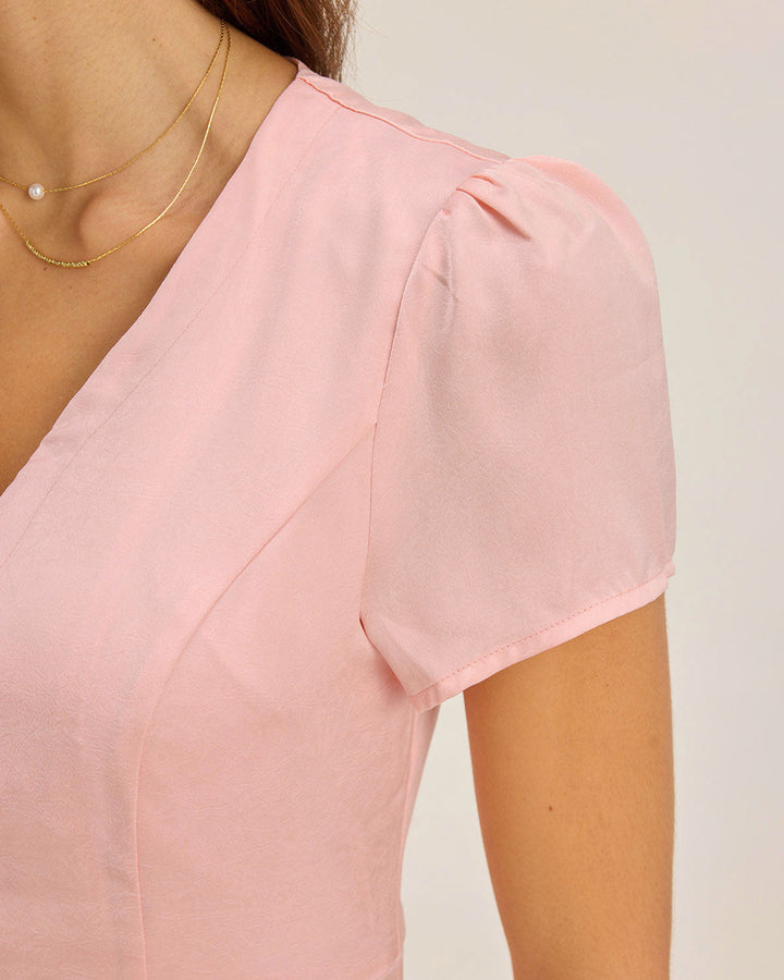 Pink V Neck Button Mini Dress - Celestia Couture