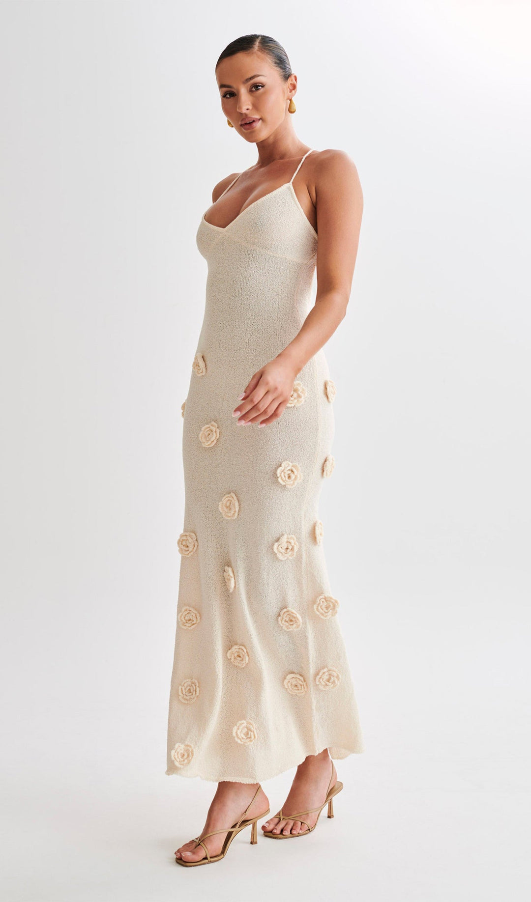 Knit Maxi Dress With Flowers-Off White - Celestia Couture