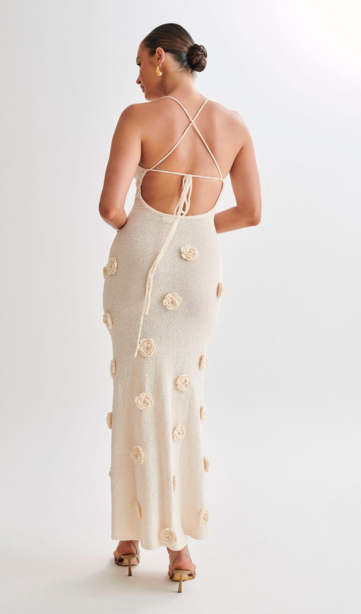 Knit Maxi Dress With Flowers-Off White - Celestia Couture