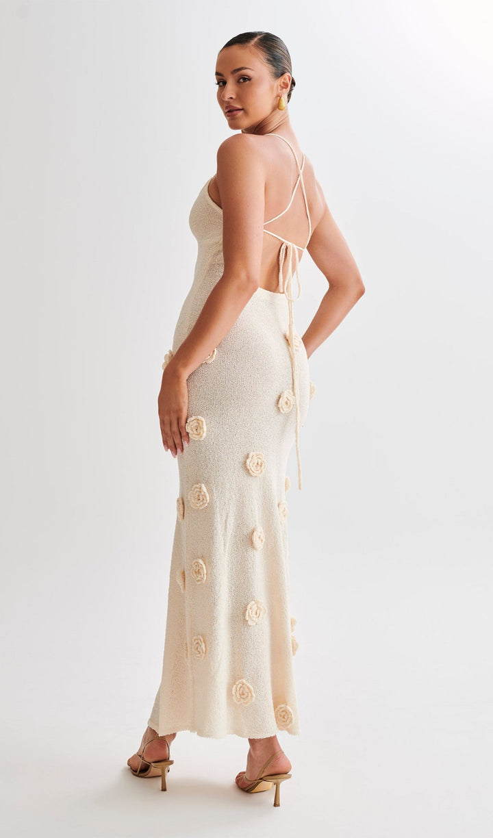 Knit Maxi Dress With Flowers-Off White - Celestia Couture