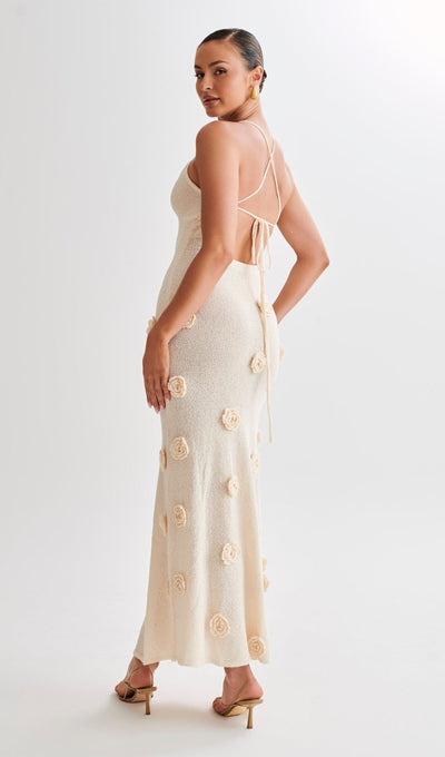 Knit Maxi Dress With Flowers-Off White
