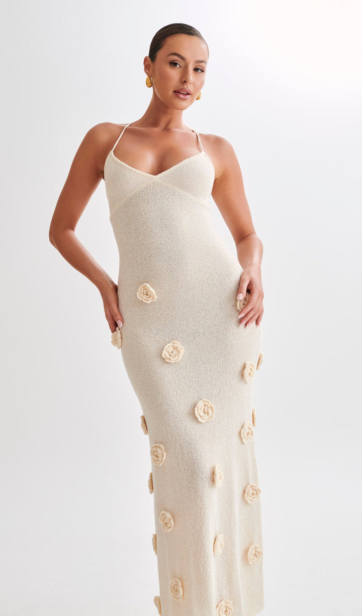 Knit Maxi Dress With Flowers-Off White - Celestia Couture