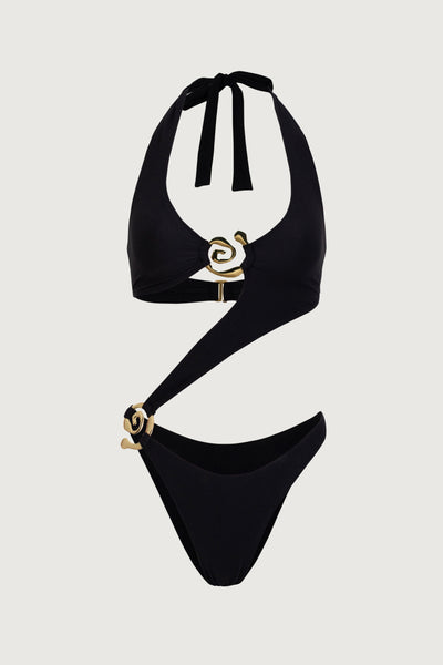 Spiral Halter One Piece (Faux Suede Black) - Celestial Couture