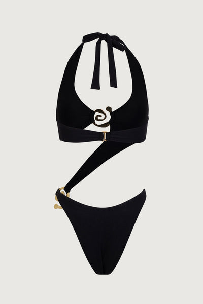 Spiral Halter One Piece (Faux Suede Black) - Celestial Couture