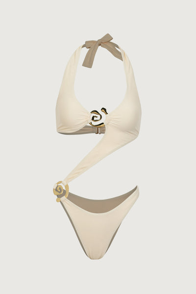 Spiral Halter One Piece (Faux Suede Cream) - Celestial Couture