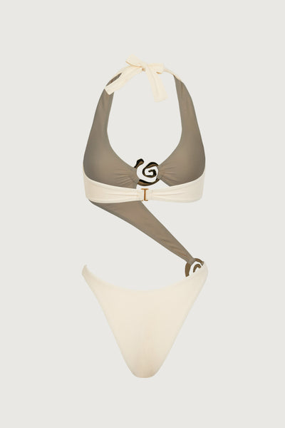 Spiral Halter One Piece (Faux Suede Cream) - Celestial Couture