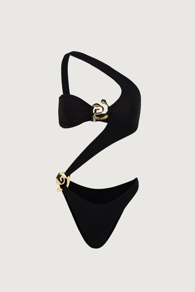 Spiral One Shoulder One Piece (Faux Suede Black) - Celestial Couture