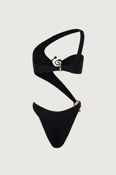 Spiral One Shoulder One Piece (Faux Suede Black) - Celestial Couture