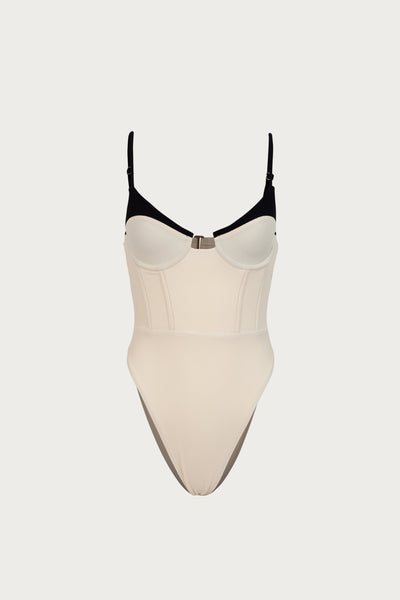 Double Layer Corset One Piece (Faux Suede Cream/Black) - Celestial Couture