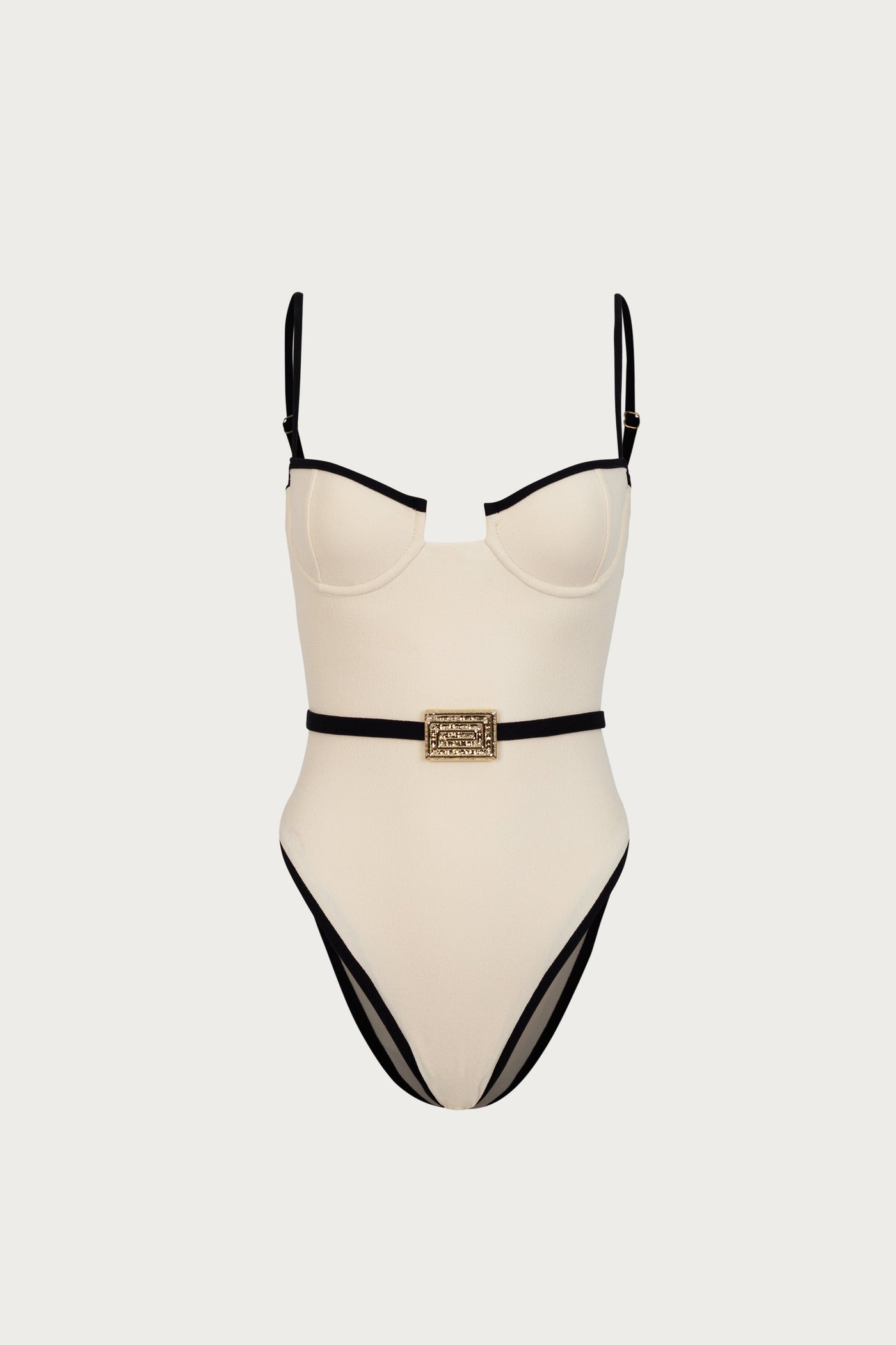 Belted One Piece (Faux Suede Cream/Black) - Celestial Couture