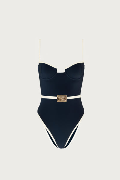 Belted One Piece (Faux Suede Black/Cream) - Celestial Couture