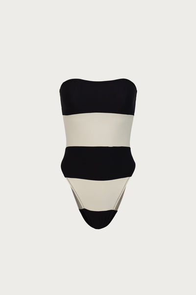 Stripe Strapless One Piece (Faux Suede Black/Cream) - Celestial Couture