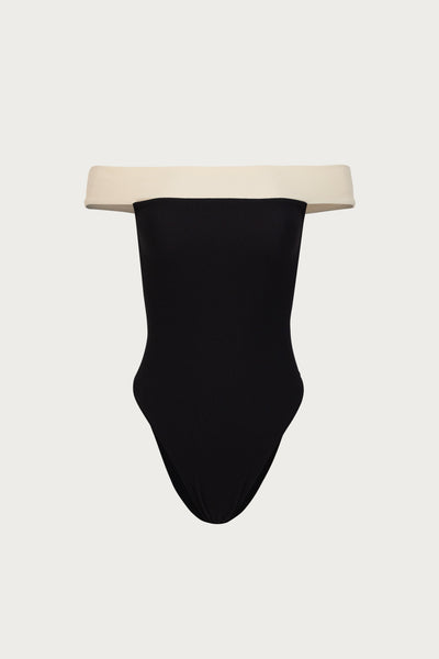 Off Shoulder One Piece (Faux Suede Black/Cream) - Celestial Couture