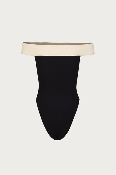 Off Shoulder One Piece (Faux Suede Black/Cream) - Celestial Couture