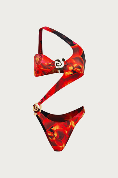 Spiral One Shoulder One Piece (Red Tropical) - Celestial Couture