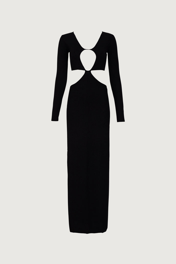 Long Sleeve Cut Out Maxi Dress (Black Lurex) - Celestia Couture
