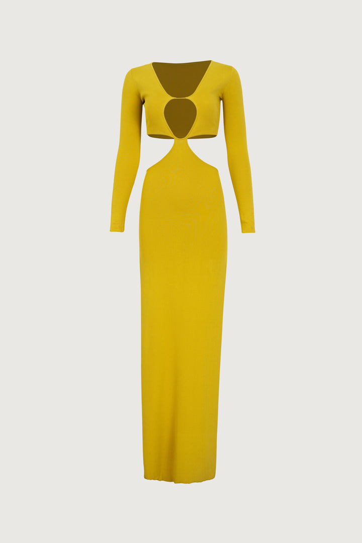 Long Sleeve Cut Out Maxi Dress (Chartreuse) - Celestia Couture