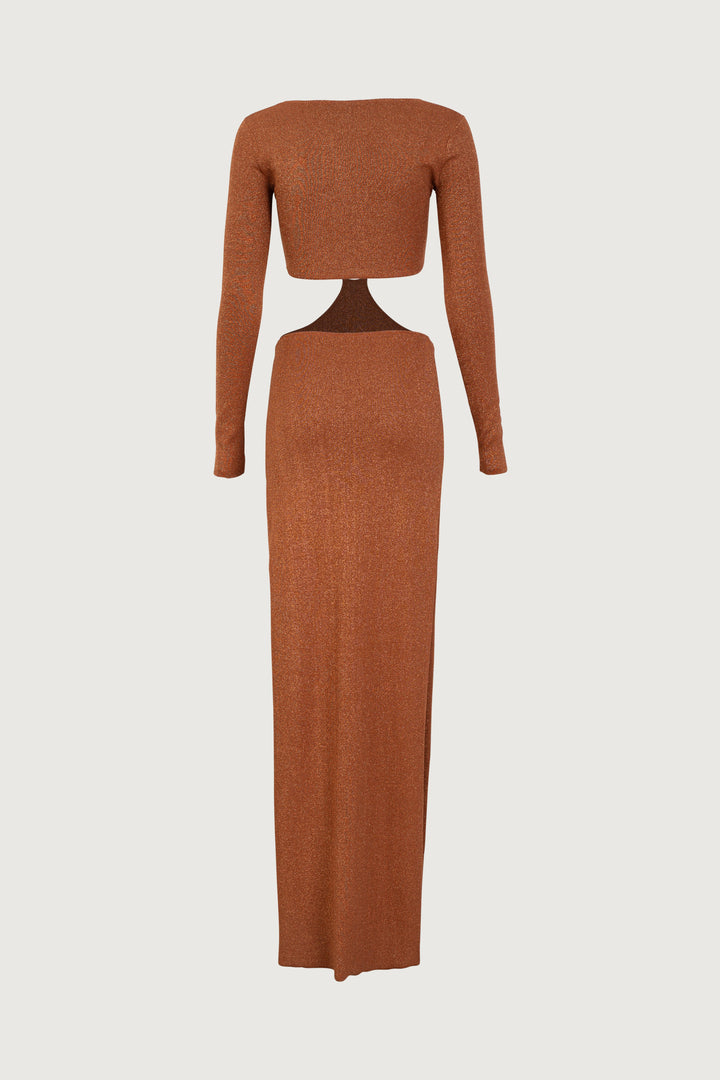 Long Sleeve Cut Out Maxi Dress (Mocha Lurex) - Celestia Couture