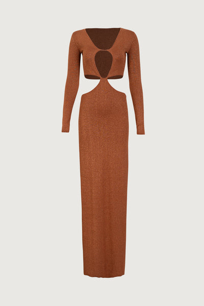 Long Sleeve Cut Out Maxi Dress (Mocha Lurex) - Celestial Couture